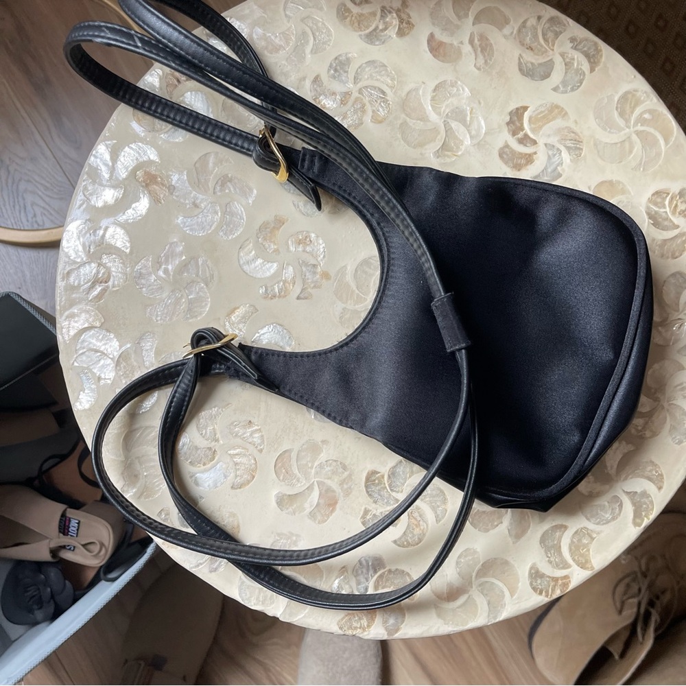 vintage satin black long strap evening bag